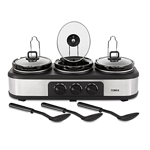 Tower Three Pot Slow Cooker, Independent Temp Controls, Keep Warm, 1.5L Each, Stainless Steel