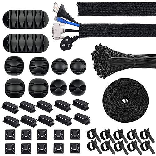 Moseem Cable Management Kit: Wire Organiser, Cable Sleeve, Adhesive Base, Clips, Ties, Cord Holder, Fastening Ties