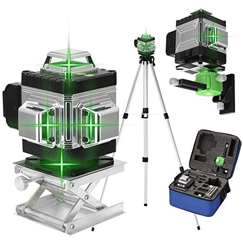 Mulcort 4-inch Laser Level: Self-Leveling Green Beam, 16-Line Cross Line Laser, Rechargeable Battery, Tripod, Wall Mount