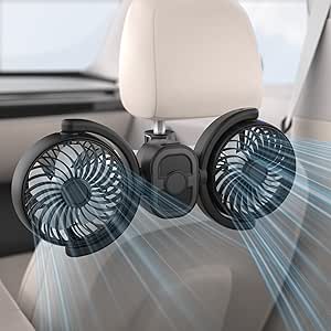 Car Fan: Rechargeable Dual-Head USB Cooling, 360° Rotation, 3-Speed, 16H Runtime - Baby Backseat Ventilation Cooler
