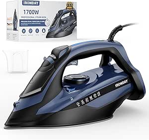 Fast Heating 1700W Steam Iron: Precision Thermostat, Ceramic Soleplate, Auto shutoff - Burst Steam, Self-Cleaning - Ironing Clothes at Home