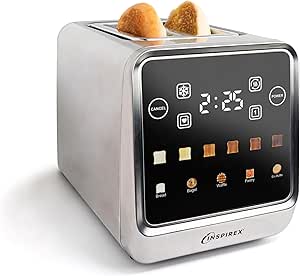 Inspirex 2 Slice Touch Screen Toaster - Extra-Wide Slots, 5 Bread Types, 6 Browning Levels - Defrost, Reheat - Stainless Steel