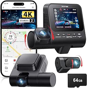 STARVIS 2 Sensor 4K+1080P Dash Cam Set with HDR Night Vision - 3 Channel Car Camera Kit, GPS & 64GB Card