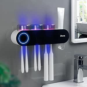 iHave Electric Toothbrush Holder with UV Sanitizer & Toothpaste Dispenser, 3 Cups, Smart Home Bathroom Accessories, Black
