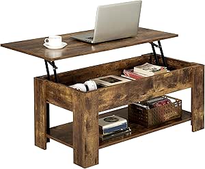 Yaheetech Lift Up Coffee Table: Wooden Tea Table with Hidden Storage - Rustic Brown, Living Room Furniture