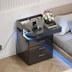 Treocho Modern Nightstand, 3-Drawer with Charging Station, RGB Lights