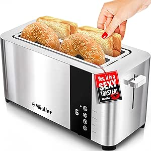 Mueller UltraToast Stainless Steel Toaster 4 Slice, Wide Slots for Bagels, 6 Browning Levels, LED Display, Kitchen Gadget