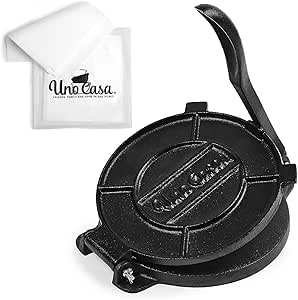 Uno Casa Cast Iron Tortilla Press - 8 Inch Pre-Seasoned Maker + 100 Pcs Parchment Paper - Roti & Taco Press for Authentic Cooking
