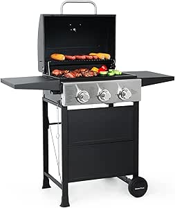 MASTER COOK 3 Burner BBQ Gas Grill, Stainless Steel 30K BTU with Foldable Shelves - Patio Garden Barbecue