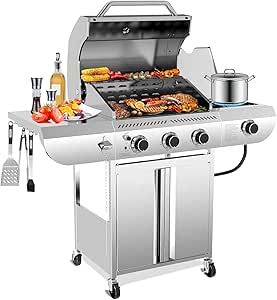Outdoor BBQ Grill with Side Burner, Cast Iron Grates - Portable Stainless Steel, 3-Burner Propane Gas Grill - Patio/Camping