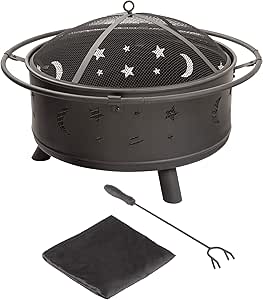 Pure Garden 32-Inch Outdoor Wood Burning Fire Pit with Screen, Poker & Cover - Ideal for Backyard, Deck, or Patio