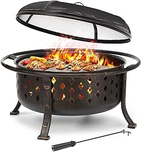 SINGLYFIRE 36" Outdoor Fire Pit: Large Crossweave Wood Burning Bronze Bonfire for Patio Backyard with BBQ Grate & Spark Screen