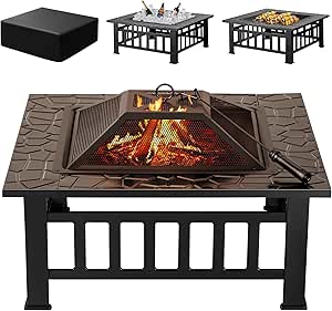 Devoko 32 Inch Firepit Table Metal Outdoor Fire Pit with Waterproof Cover - Patio Camping Fireplaces