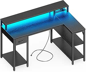 SUPERJARE L-Shaped Gaming Desk w/ Drawer, LED Lights & Shelves