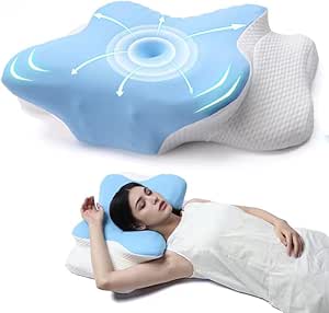 AmzHandler Neck Pain Relief Memory Foam Pillow - Orthopaedic Support for Side, Back & Stomach Sleepers - Cooling Ice Silk Cover, Blue