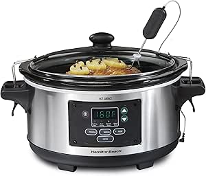 Hamilton Beach 6 Quart Slow Cooker with Lid Lock & Temperature Probe, Dishwasher Safe Crock & Lid, Stainless Steel