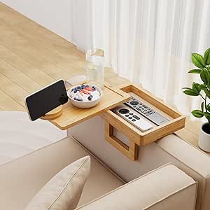 Wealone Mini Couch Arm Table: Bamboo Sofa Tray with Storage, Rotating Tabletop, Phone Stand. Adjustable Clip for Snacks/Dining.