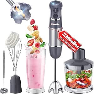 Mueller Multistick 5-in-1 Handheld Blender - 12 Speed Mixer, Turbo Boost, Copper Motor, Titanium Blades - Milk Frother, Whisk, Chopper - Grey