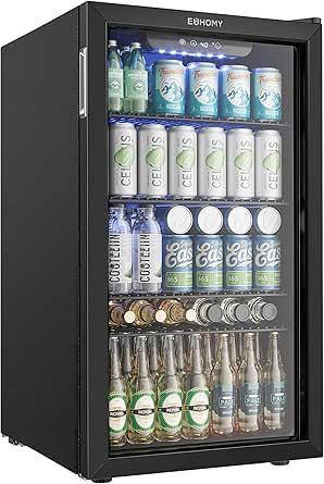 EUHOMY Beverage Refrigerator: 128 Can Mini Fridge with Glass Door, Adjustable Shelves for Soda, Beer, or Wine, Home/Bar/Office