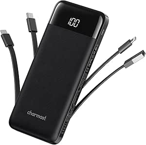 Charmast Portable Charger 10000mAh with Built-in Cables - Fast Charging Power Bank for Samsung, Google Pixel, iPhone