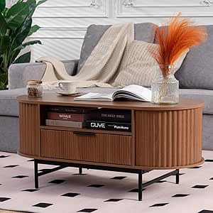 Walnut Oval Coffee Table with Drawer and Black Metal Legs