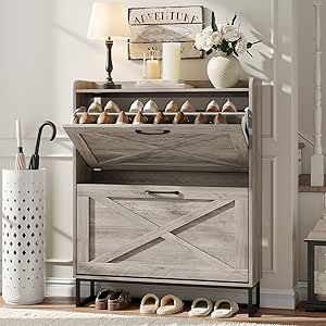 Maupvit Shoe Cabinet: Freestanding Organizer with Metal Legs, Entryway Storage, Narrow Rack, Washed Gray