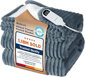 Bedsure Heated Blanket Throw - Soft Ribbed Flannel, 4 Time Settings