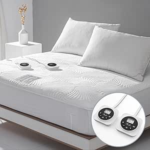 Heated Queen Size Mattress Pad - Memory & Preheat Functions, 12 Heat Settings, Dual Control, Auto Off, Lighted Button