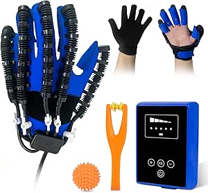 Rehab Robot Gloves: Finger Exerciser for Stroke Recovery, Adjustable Strength, USB Charging - Blue, Left Hand
