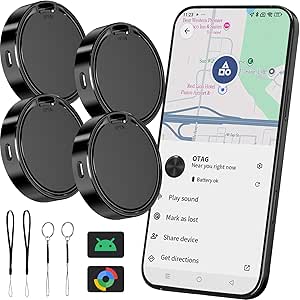 Android Luggage Tracker Tags 4 Pack, Bluetooth Key Finder & Item Locator for Wallets, Backpacks, Suitcases - Black