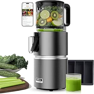 Anybear Cold Press Juicer 4.9 inch Feed Chute, 350W Masticating Machine, Slow-Squeezing Tech for Whole Fruits & Veggies, High Yield, BPA-Free - Grey