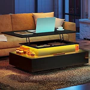 YITAHOME LED Coffee Table: Modern Rectangular with Lift Top, Storage Drawers, LED Light - Glossy Black