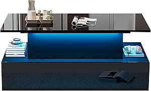 Smart Lift Top Coffee Table, Storage Drawers, Hidden Compartment, RGB Light Control, Glossy Surface, Hydraulic Lift Stand, Black