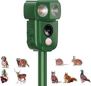 WUGEIN Solar Cat Repellent with LED Flash, Ultrasonic Scarer - USB Charging - Deter Fox, Cats, Dogs - Waterproof Animal Repellent