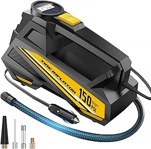 FLYKID 12V DC Air Compressor: Car Tyre Pump 150 PSI with LED Light & 3 Nozzle Adaptors - Preset Pressure, Auto Shutoff