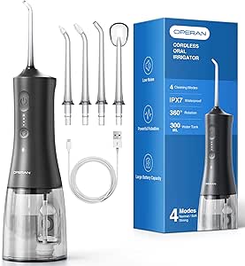 OPERAN Cordless Water Flosser for Adults Braces, 4 Modes, 4 Nozzles, 300ml Tank, IPX7 Waterproof - Travel-Friendly