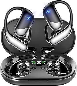 Wireless Open Ear Earbuds, Bluetooth 5.4, Mic, IPX7 Waterproof, LED Charging Case, Ideal for Running Fitness Gym