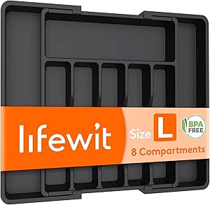 Lifewit Extendable Cutlery Tray Organizer for Kitchen Utensils - 8 Compartment Storage Holder, Black