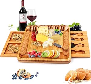 Bamboo Cheese Board Set with Tools for Wine & Meat Lovers