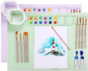 PATIKIL Silicone Painting Mat 20x16 inch - 2 Pcs Art Stations with Cup Holder - Nonstick Nonslip Craft Clay Pad - Green/Pink