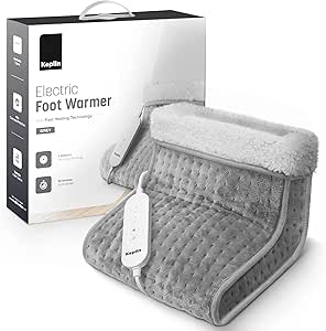KEPLIN Electric Foot Warmer: Adjustable Temp, Auto Shut-Off, Soft Fleece, Washable Sleeves - Grey, 1-Pack