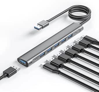 USB Hub Adapter 8 Ports, 6 USB 3.0 Data Ports, USB-C, Splitter with Power Port, Long Cable 47 inch, for Laptop PC