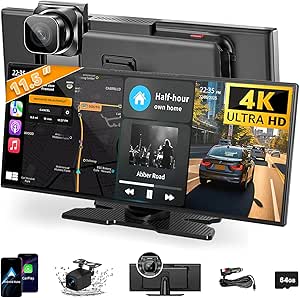 Wireless CarPlay Screen 11.5" HD Touchscreen, 4K Dash Cam - For Car, Android Auto, Backup Camera - All Vehicles