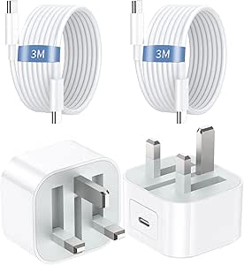 Fast Charger 2 Pack 20W USB C Plug for iPhone 15/16/17 - 3M Cable - UK Compatible - iPad Pro/Air - Fast Charge