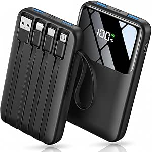 Portable Power Bank 10000mAh: Fast Charger, Digital Screen, 4 Cables - Ideal for Travel & Festivals