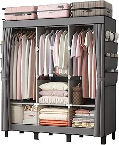 YasTant Fabric Wardrobe: Portable with 3 Hanging Rails, Grey