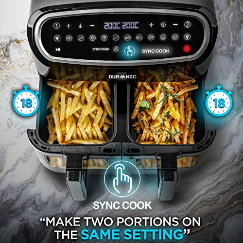 Duronic 10L Digital Air Fryer with Visual Window, Dual Zone, 10-in-1 Large Drawer - No Oil, Air Fry, Roast, Bake - Dishwasher Safe - Black
