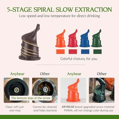 Anybear Cold Press Juicer: Masticating Slow Juicer, Large 4.3" Chute, Upgraded Auger, BPA Free, Juice Recipes