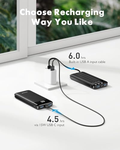 Charmast Power Bank 10000mAh USB C Battery Pack, 6 Outputs, 3 Inputs, LED Display, Portable Charger for Smartphones & Tablets