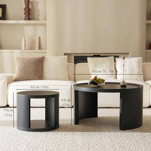 Cagnolier Round Coffee Table Set: Modern Pine Wood Side Table for Living Room Sofa, Space-Saving Design, 80x46cm Black